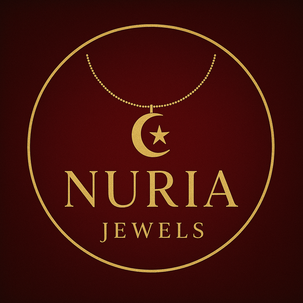 Nuria Jewels logo with a gold necklace and pendant on a dark red background